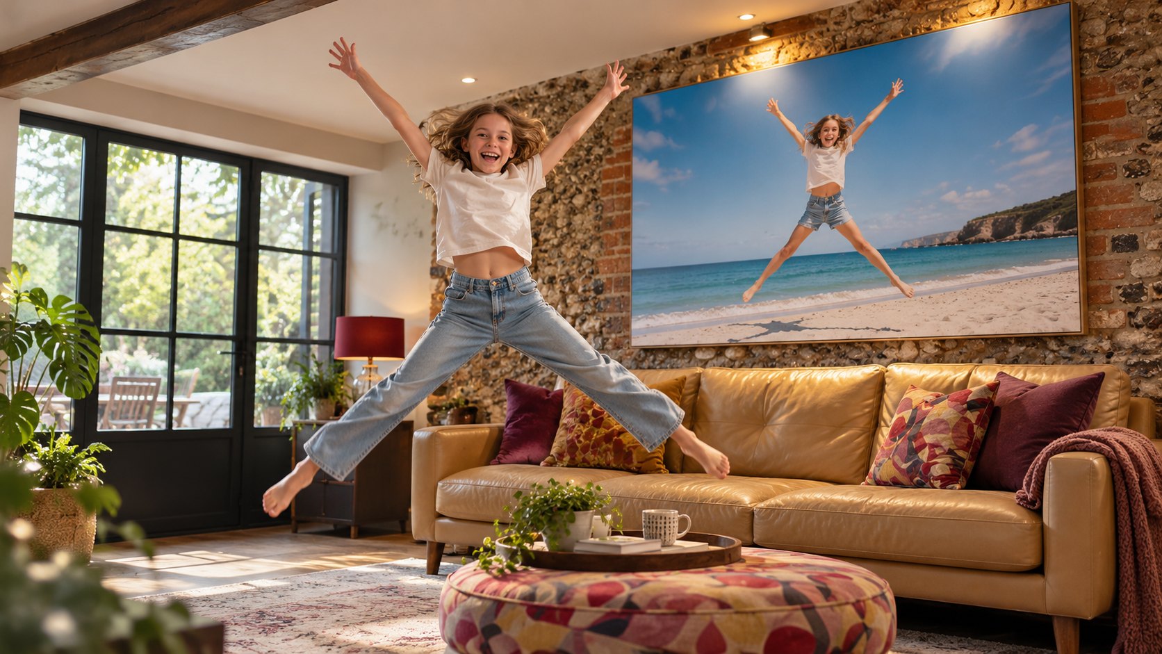 A child jumping in front of a large printed photograph of the same jump on a beach, displayed above a sofa
